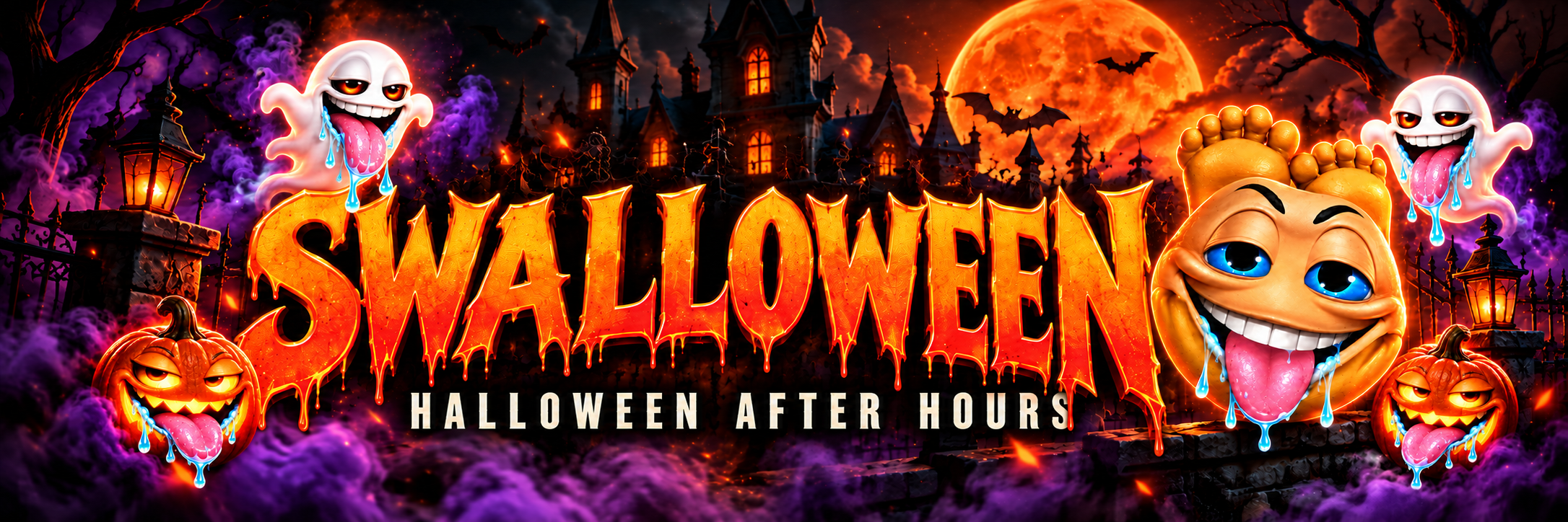 Swalloween orange horror wordmark, drooling ghosts and pumpkins outside a haunted mansion